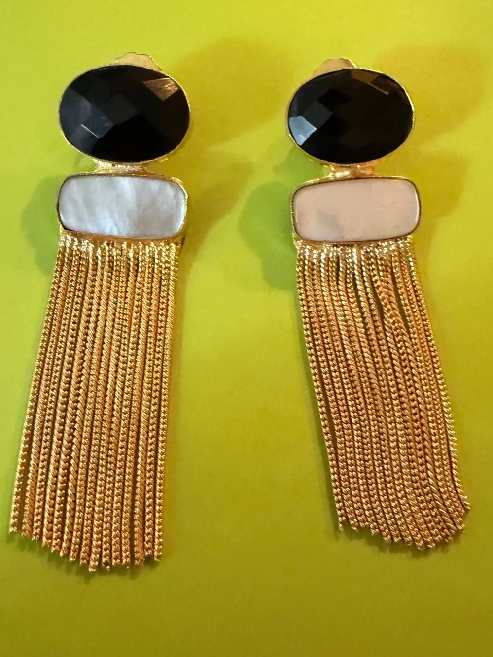 Gold Tassel Drop Earrings with Black Onyx and Mother Of Pearl - Picture 2 of 8